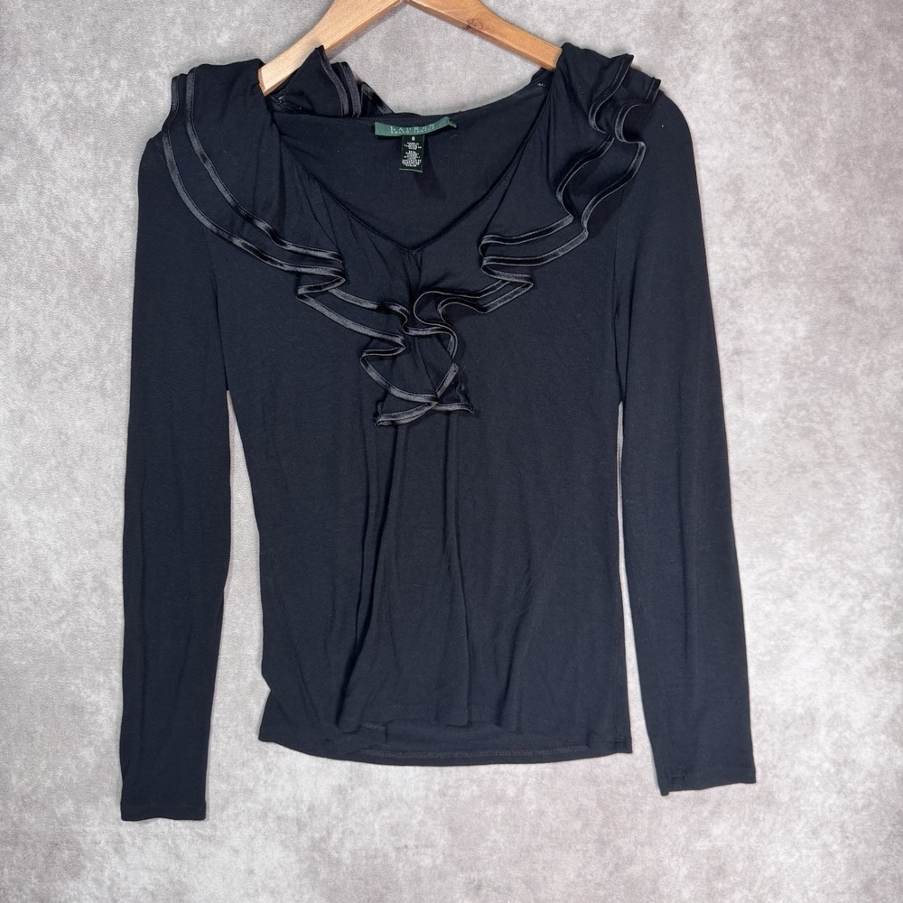 Lauren Ralph Lauren LRL Top Womens S Ruffle Neck Pullover Ribbed Preppy